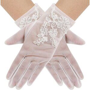 Women's Lvory 06 Floral Short Length Lace Tulle Mesh Wrist Wedding Party Gloves